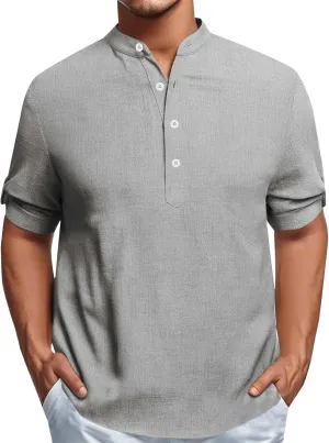 Cotton Linen Shirts for Men Summer Lightweight Casual Short Sleeve T Shirts Banded Collar Henley Tops Beach Vacation