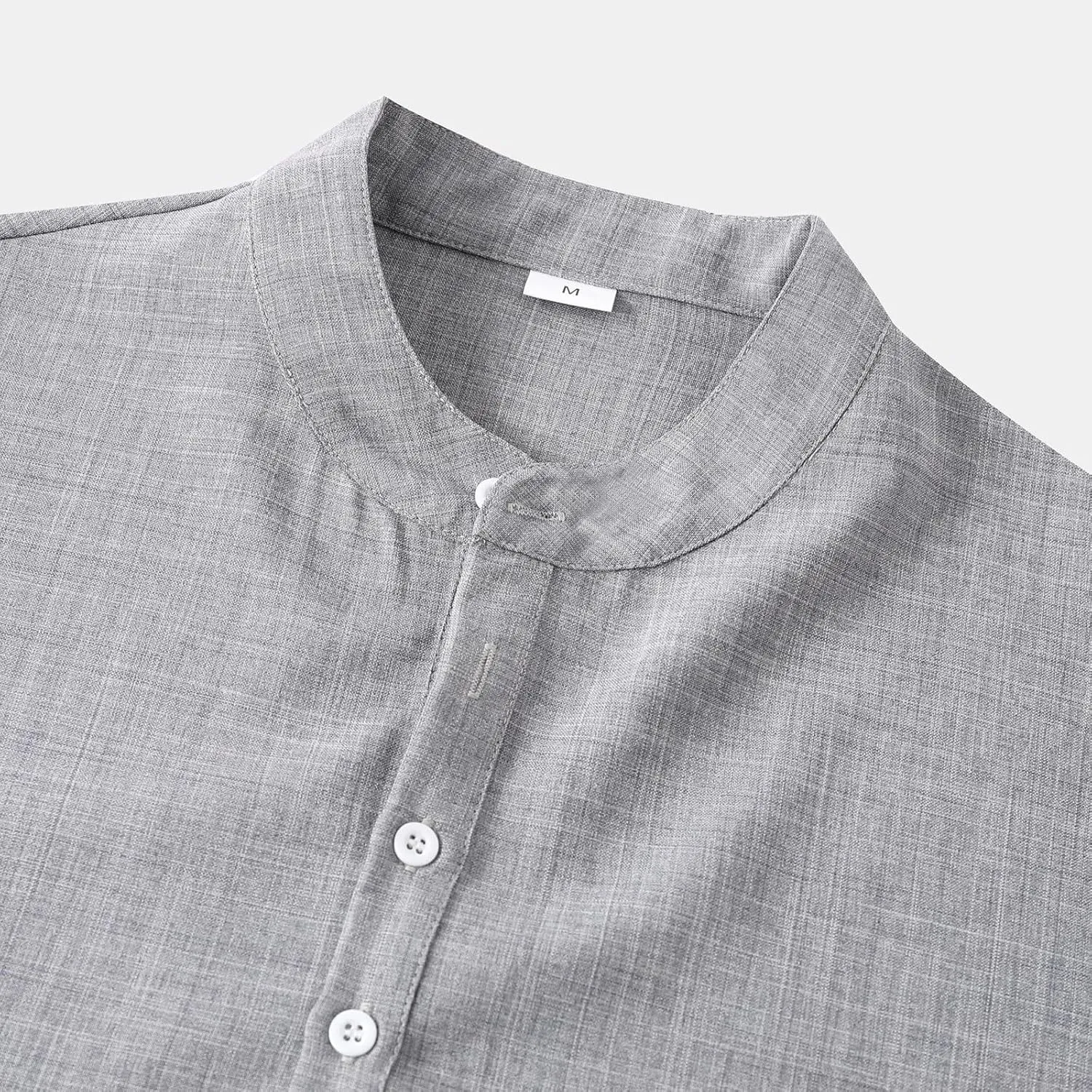 Cotton Linen Shirts for Men Summer Lightweight Casual Short Sleeve T Shirts Banded Collar Henley Tops Beach Vacation