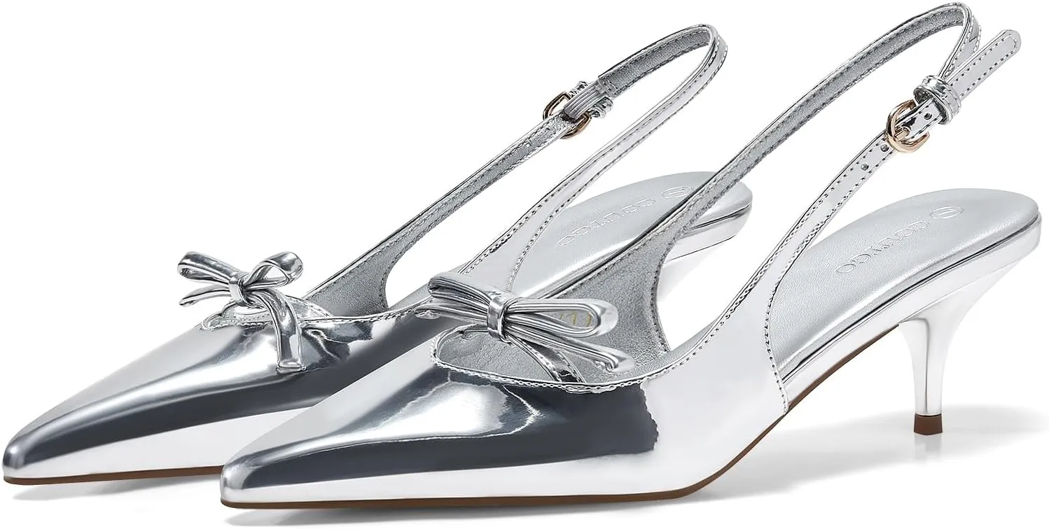 Coutgo Womens Bow Slingback Heels Low Kitten Heel Pumps Closed Pointed Toe Party Wedding Dress Shoes