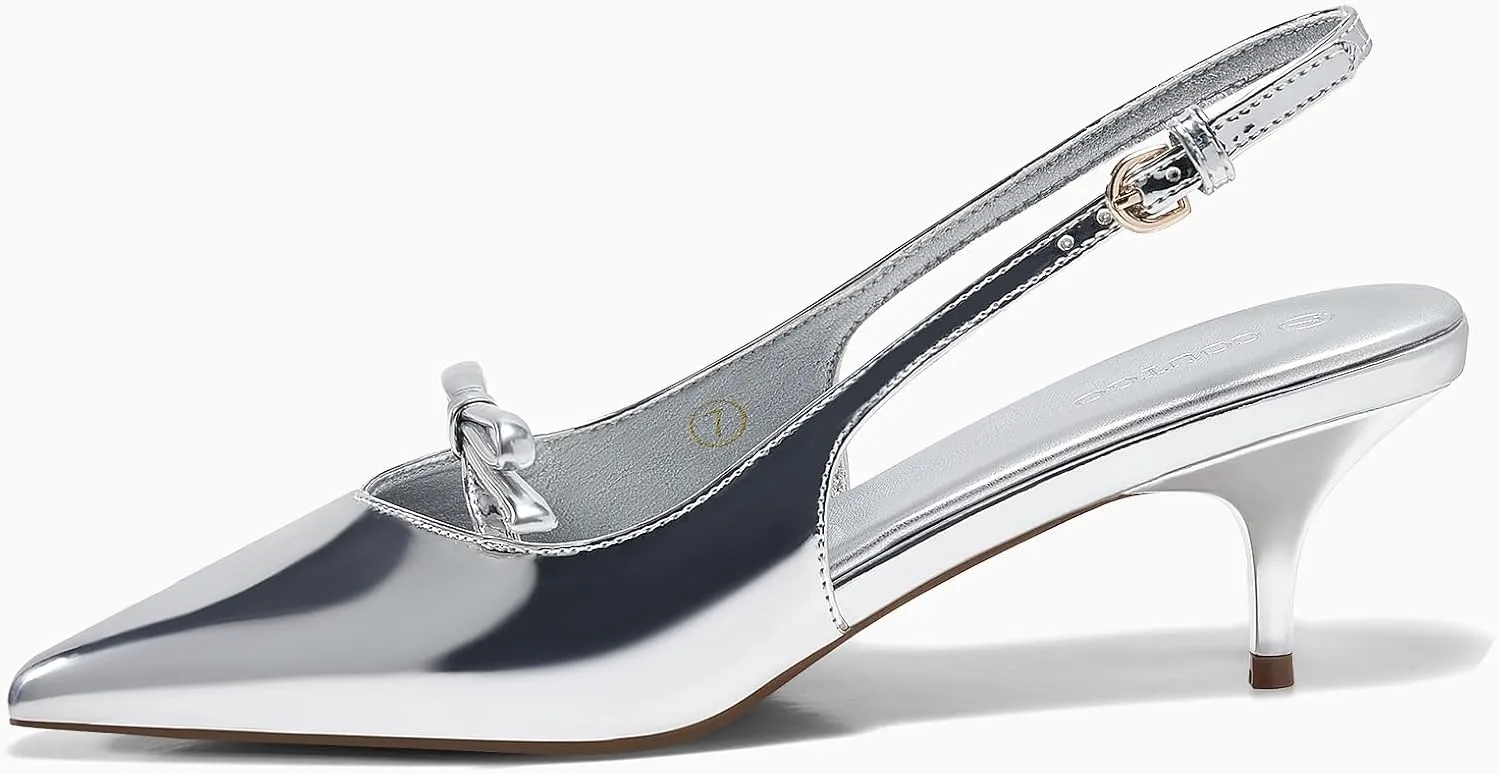 Coutgo Womens Bow Slingback Heels Low Kitten Heel Pumps Closed Pointed Toe Party Wedding Dress Shoes