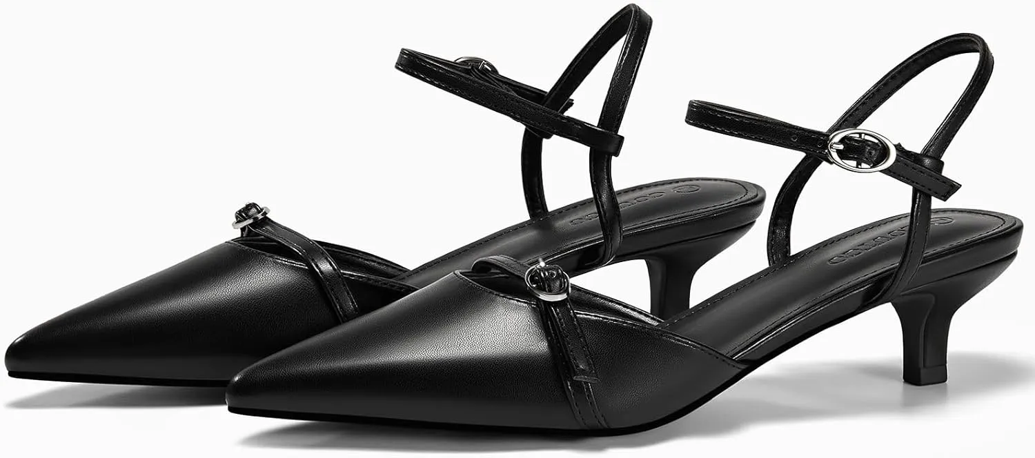 Coutgo Womens Kitten Heels Low Heel Dress Shoes Closed Pointed Toe Ankle Strap Work Office Pumps