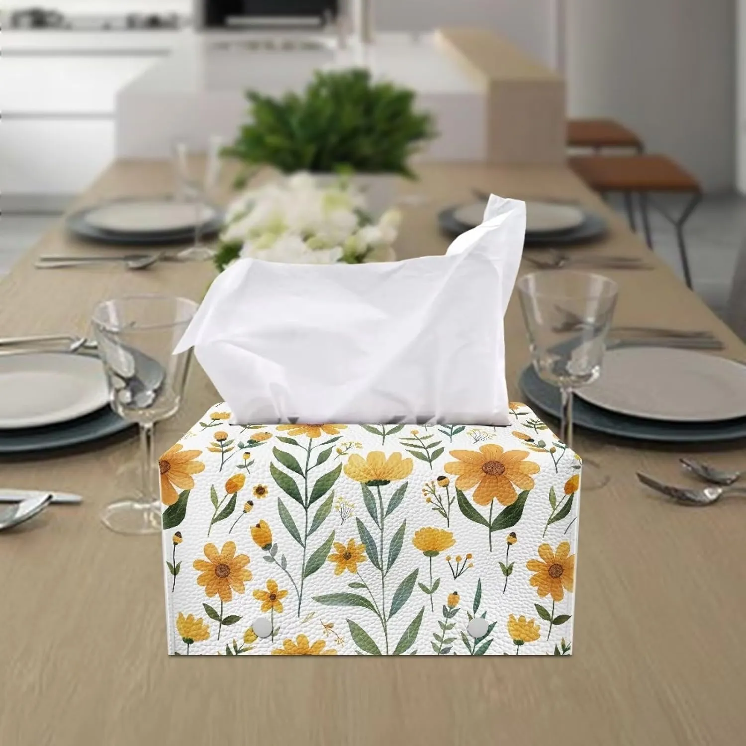 Cozeyat Yellow Flower Tissue Box Holder Leather Rectangular Facial Tissue Box Cover Paper Case Dispenser, Modern Napkin Holder for Bathroom Vanity Countertops, Night Stands