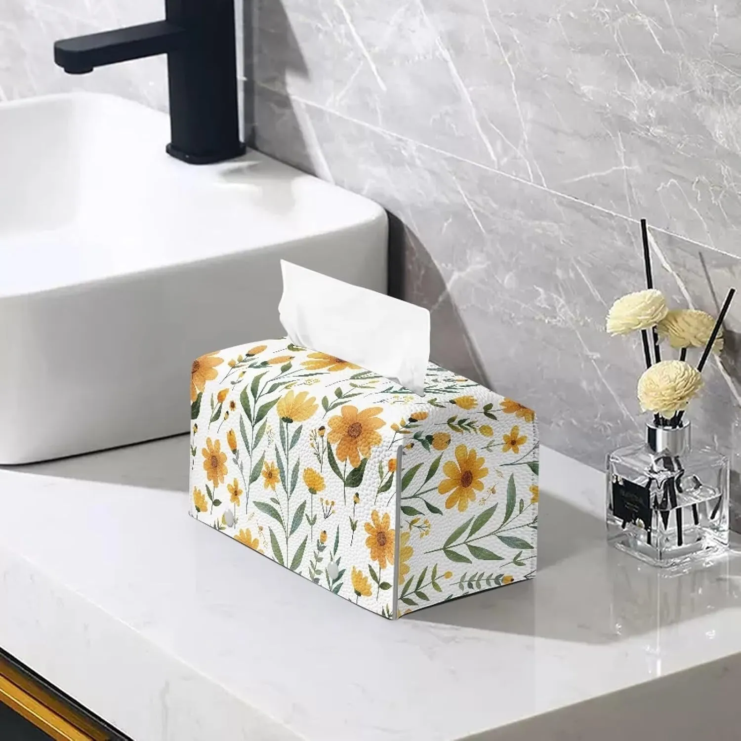 Cozeyat Yellow Flower Tissue Box Holder Leather Rectangular Facial Tissue Box Cover Paper Case Dispenser, Modern Napkin Holder for Bathroom Vanity Countertops, Night Stands