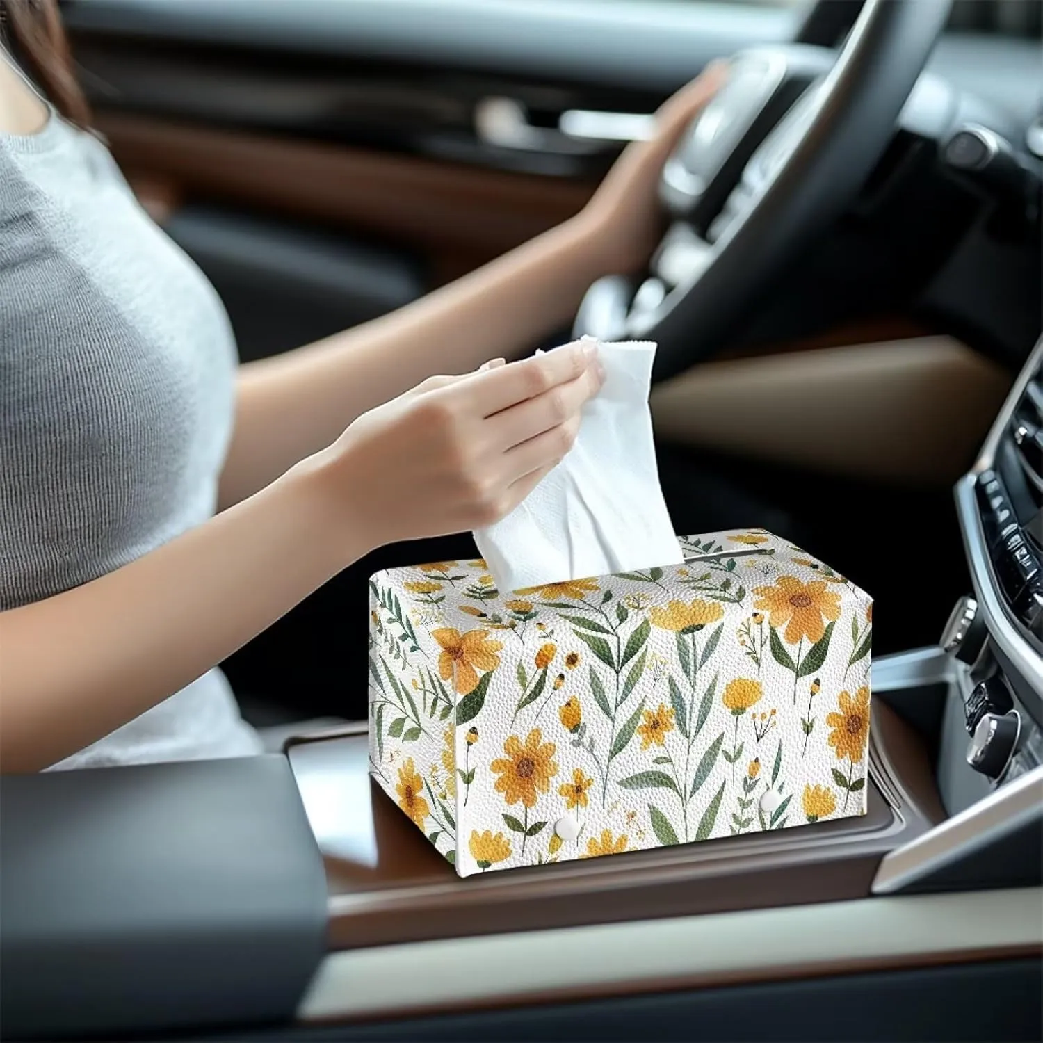 Cozeyat Yellow Flower Tissue Box Holder Leather Rectangular Facial Tissue Box Cover Paper Case Dispenser, Modern Napkin Holder for Bathroom Vanity Countertops, Night Stands