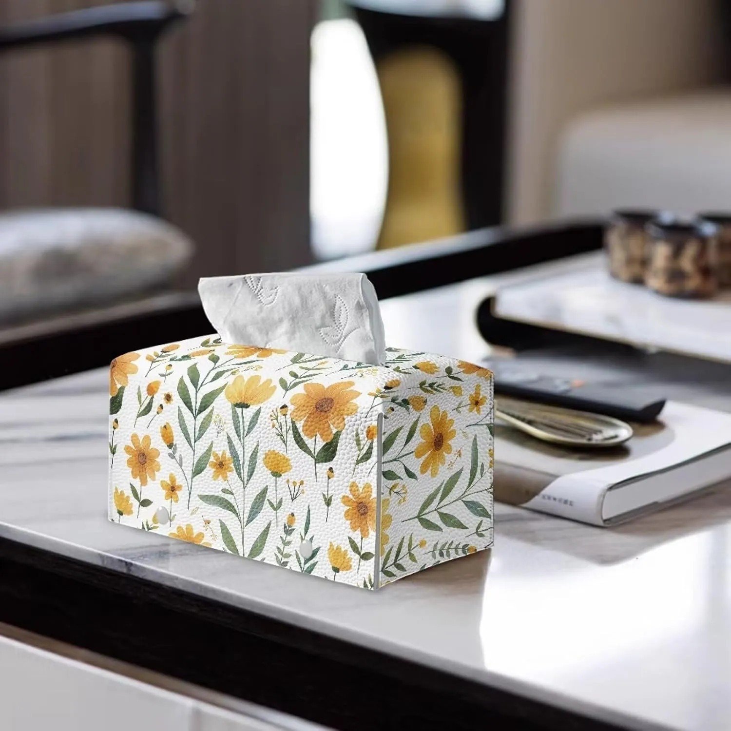 Cozeyat Yellow Flower Tissue Box Holder Leather Rectangular Facial Tissue Box Cover Paper Case Dispenser, Modern Napkin Holder for Bathroom Vanity Countertops, Night Stands