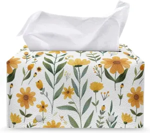 Cozeyat Yellow Flower Tissue Box Holder Leather Rectangular Facial Tissue Box Cover Paper Case Dispenser, Modern Napkin Holder for Bathroom Vanity Countertops, Night Stands
