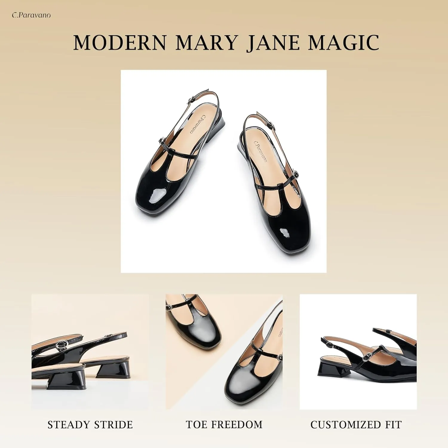 C.Paravano Mary Jane Slingback Pumps Round Toe Low Heels T Strap Slingback Heels Women Sling Back Slip On Party Dress Work Shoes