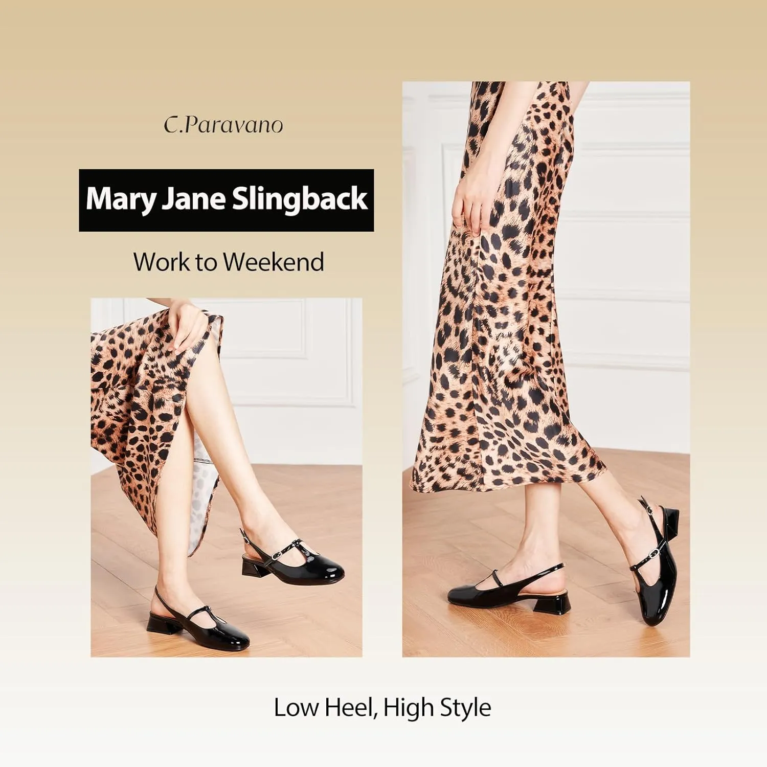 C.Paravano Mary Jane Slingback Pumps Round Toe Low Heels T Strap Slingback Heels Women Sling Back Slip On Party Dress Work Shoes