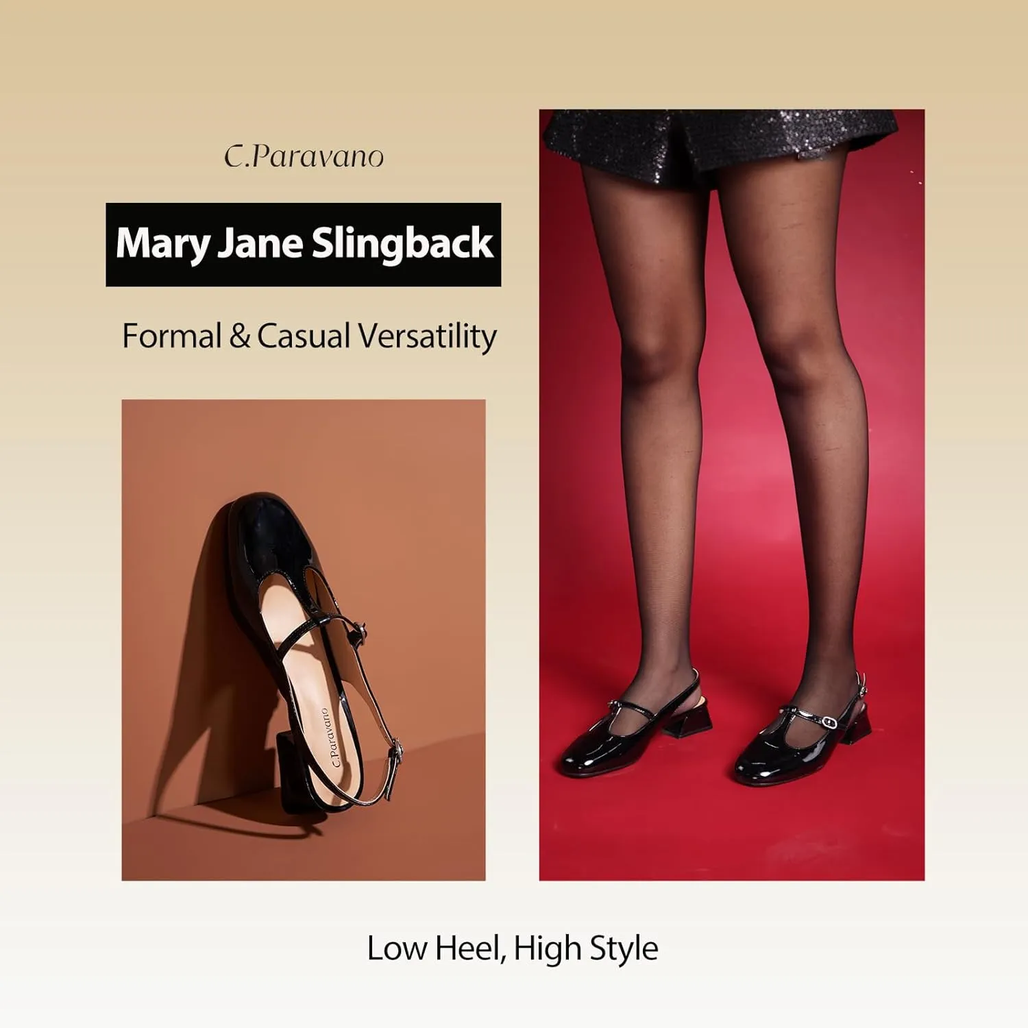 C.Paravano Mary Jane Slingback Pumps Round Toe Low Heels T Strap Slingback Heels Women Sling Back Slip On Party Dress Work Shoes