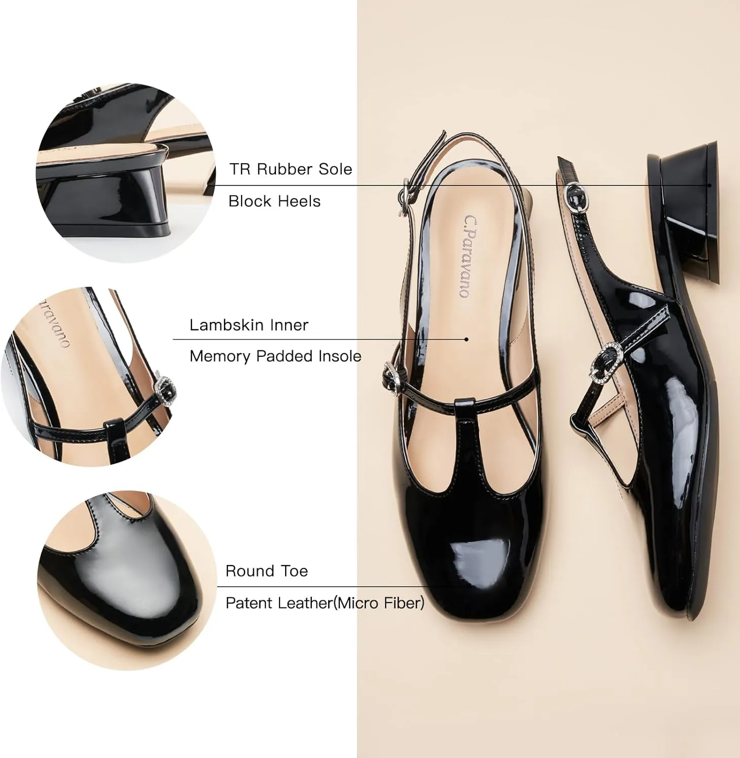 C.Paravano Mary Jane Slingback Pumps Round Toe Low Heels T Strap Slingback Heels Women Sling Back Slip On Party Dress Work Shoes