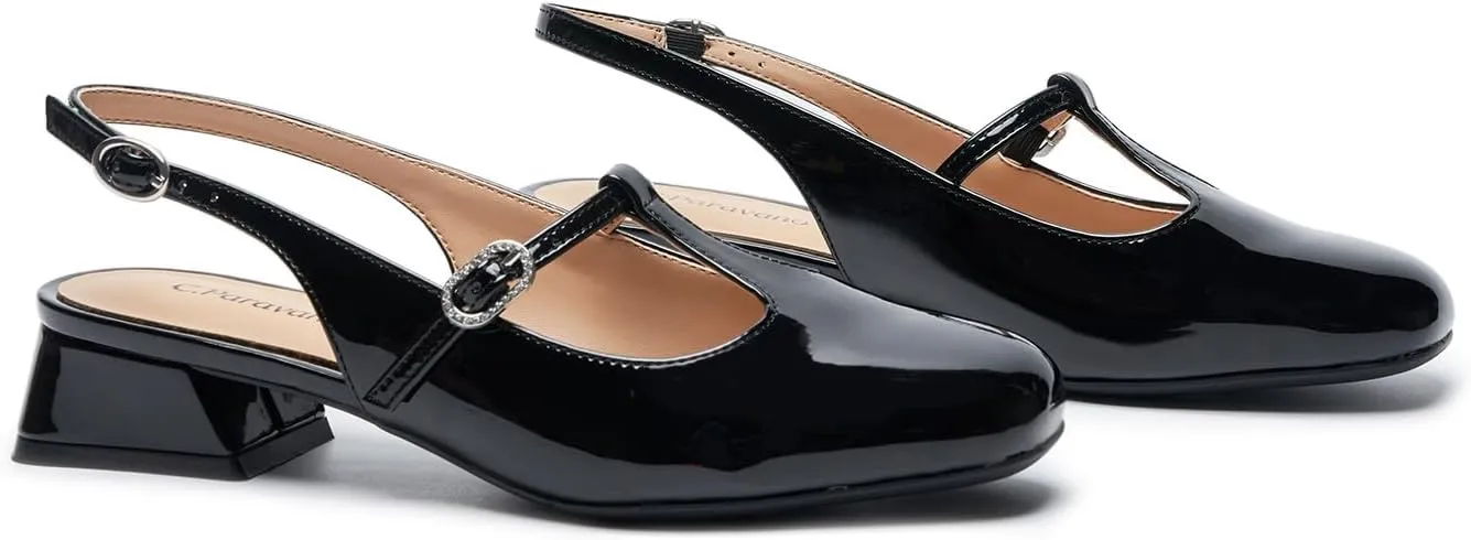 C.Paravano Mary Jane Slingback Pumps Round Toe Low Heels T Strap Slingback Heels Women Sling Back Slip On Party Dress Work Shoes
