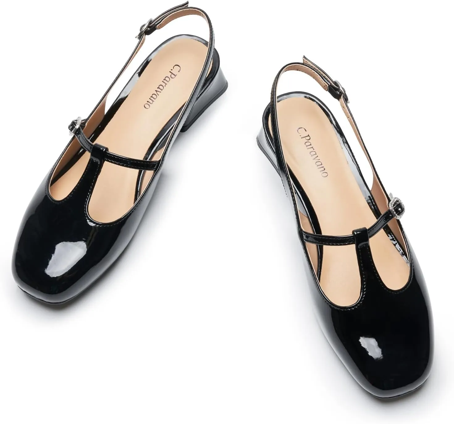 C.Paravano Mary Jane Slingback Pumps Round Toe Low Heels T Strap Slingback Heels Women Sling Back Slip On Party Dress Work Shoes