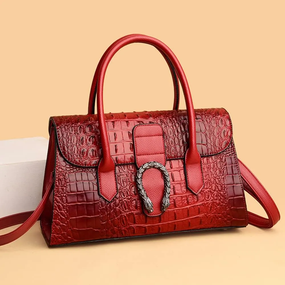 Crocodile Pattern Leather Top Handle Satchel Handbag for Women - Medium Fashion Ladies Shoulder Bag Tote Purse