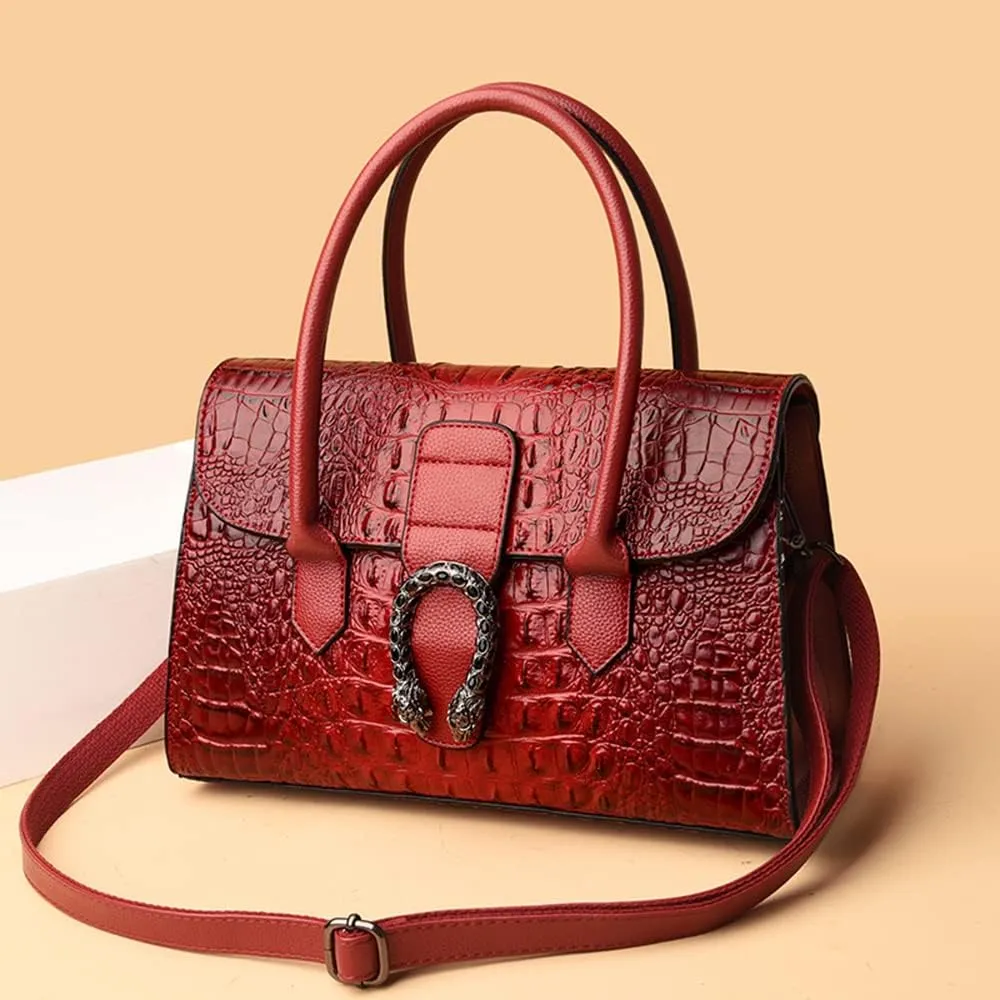 Crocodile Pattern Leather Top Handle Satchel Handbag for Women - Medium Fashion Ladies Shoulder Bag Tote Purse