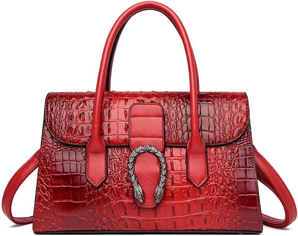 Crocodile Pattern Leather Top Handle Satchel Handbag for Women - Medium Fashion Ladies Shoulder Bag Tote Purse