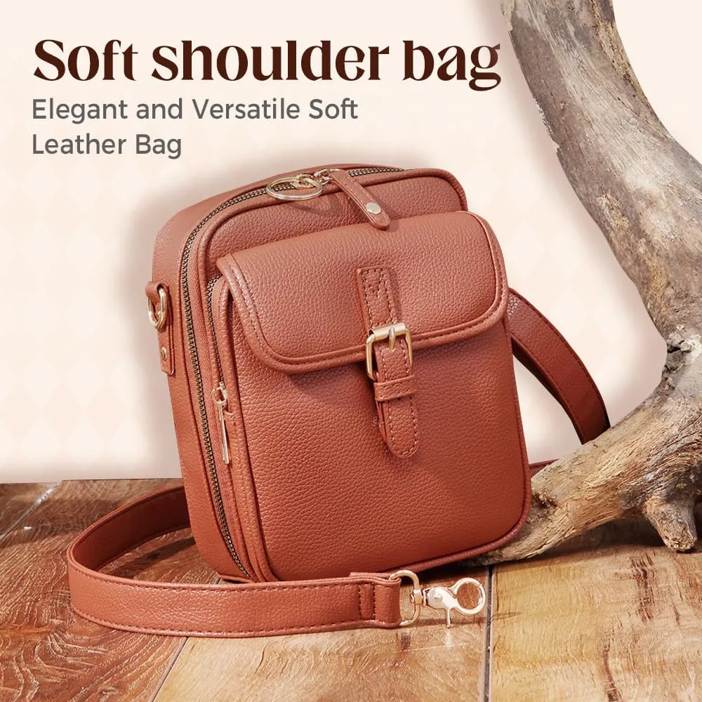 Crossbody Leather Bag,Double Layer Large Capacity Messenger Bag, Retro Faux Leather Built in Purse Anti Theft Bag