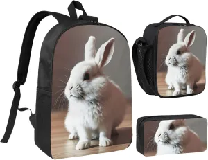cry white rabbit print Backpack Set Casual Shoulder Bag Lunch Bag Pen Pouch 3 in 1 Set 17inch for Women Men College