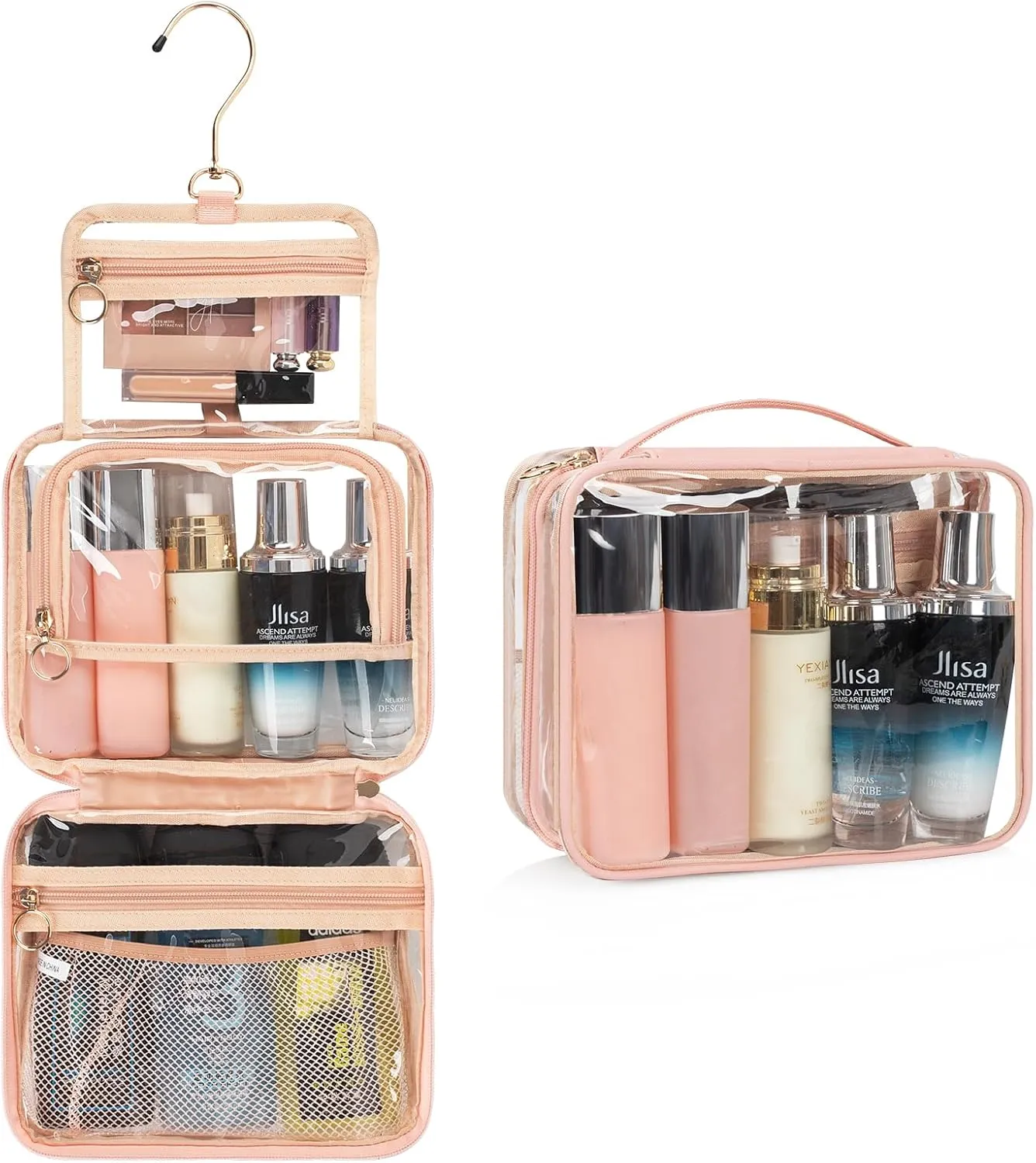 CUBETASTIC Hanging Travel Toiletry Bag for Women, Clear Makeup Bags Portable Transparent Cosmetic Case Small Skincare Pouch Waterproof Travel Bag for Toiletries