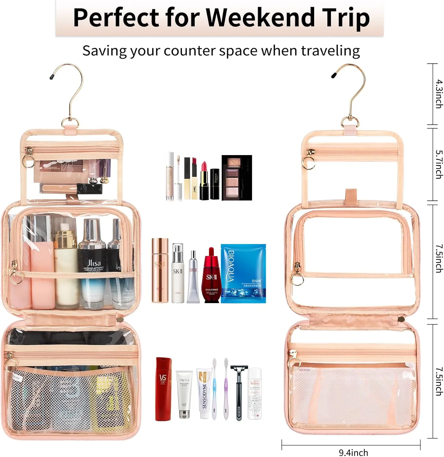 CUBETASTIC Hanging Travel Toiletry Bag for Women, Clear Makeup Bags Portable Transparent Cosmetic Case Small Skincare Pouch Waterproof Travel Bag for Toiletries