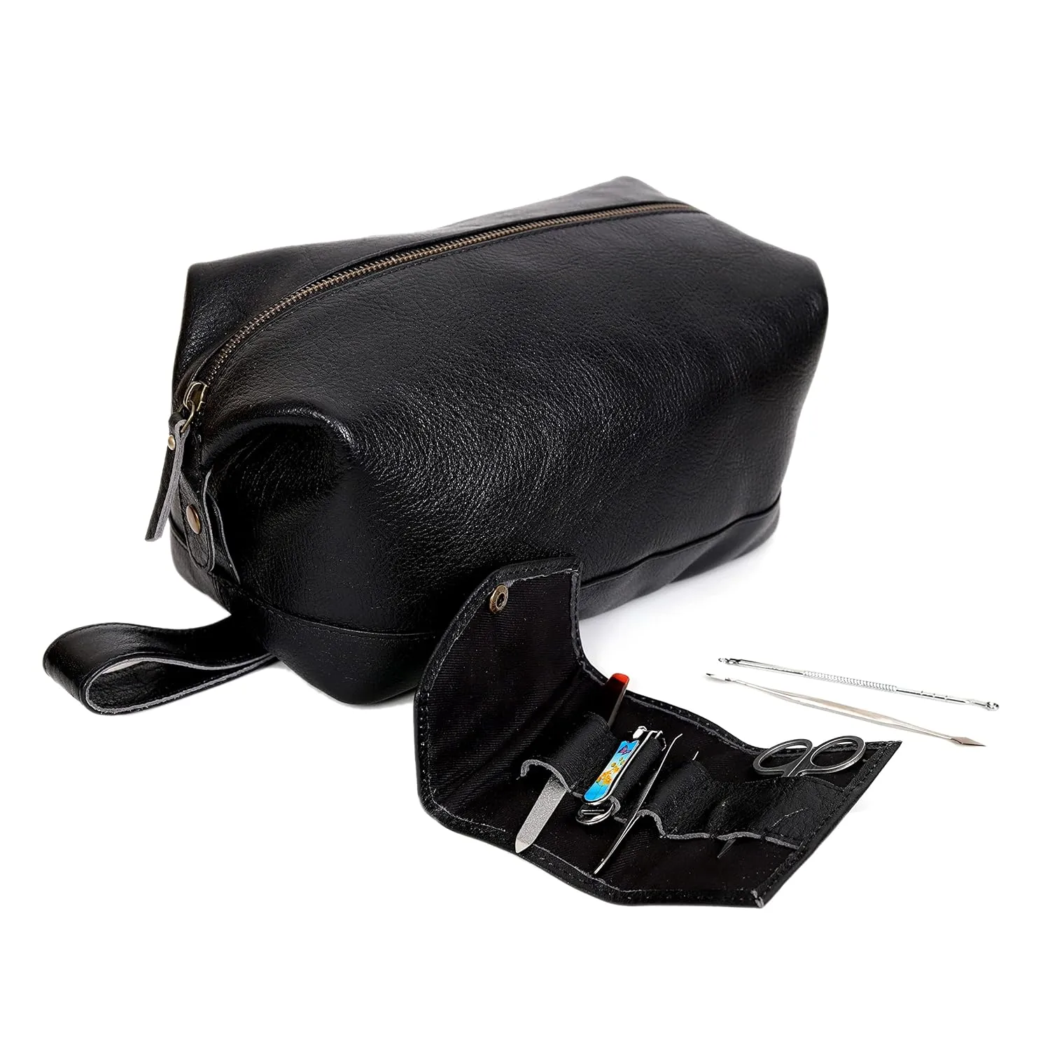 cuero Leather Brown Dopp Kit Unisex Travel Toiletry Cosmetic Pouch Shaving Kit Men Women (black)
