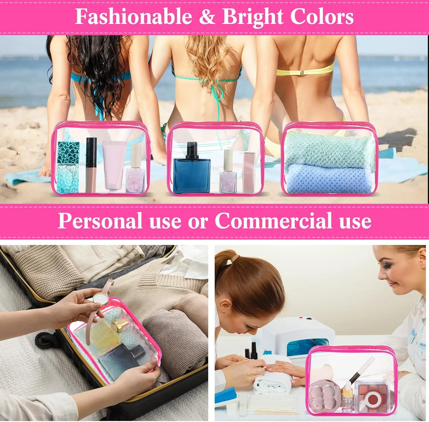 Cunno 60 Pcs Clear Toiletry Bag TSA Approved Cosmetic Bag Bulk Makeup Bag Travel Carry Airport Airline Compliant Bag for Women Men Summer Vacation Salon Mother Gift(Rose Pink)