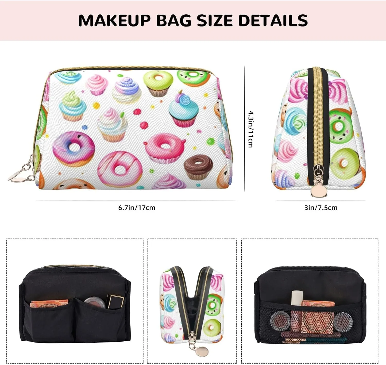 Cupcakes Donuts Muffins Toiletry Pouch, Travel-Friendly Makeup Organizer For Makeup Brushes, Lipsticks