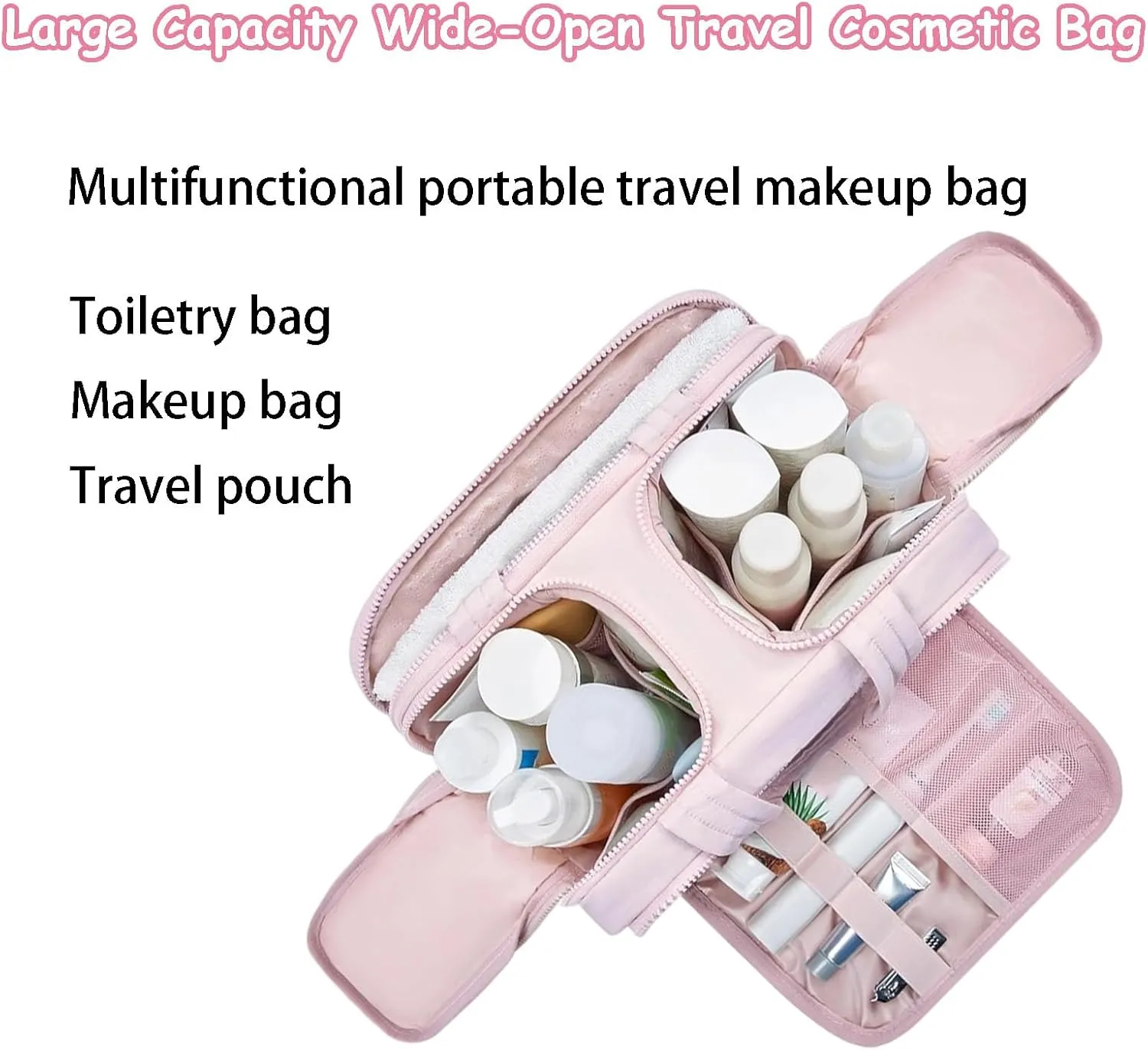 Cureaway Travel Cosmetic Bag, Large Capacity Wide-Open Travel Cosmetic Bag, Open Flat Makeup Bag with 4 Compartments for Toiletries, Cosmetic, Unisex (Blue)
