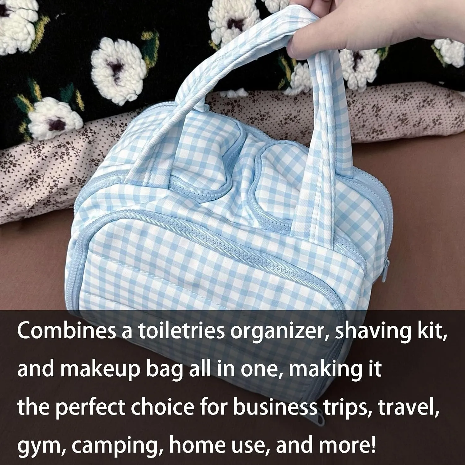 Cureaway Travel Cosmetic Bag, Large Capacity Wide-Open Travel Cosmetic Bag, Open Flat Makeup Bag with 4 Compartments for Toiletries, Cosmetic, Unisex (Blue)