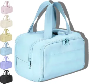 Cureaway Travel Cosmetic Bag, Large Capacity Wide-Open Travel Cosmetic Bag, Open Flat Makeup Bag with 4 Compartments for Toiletries, Cosmetic, Unisex (Blue)
