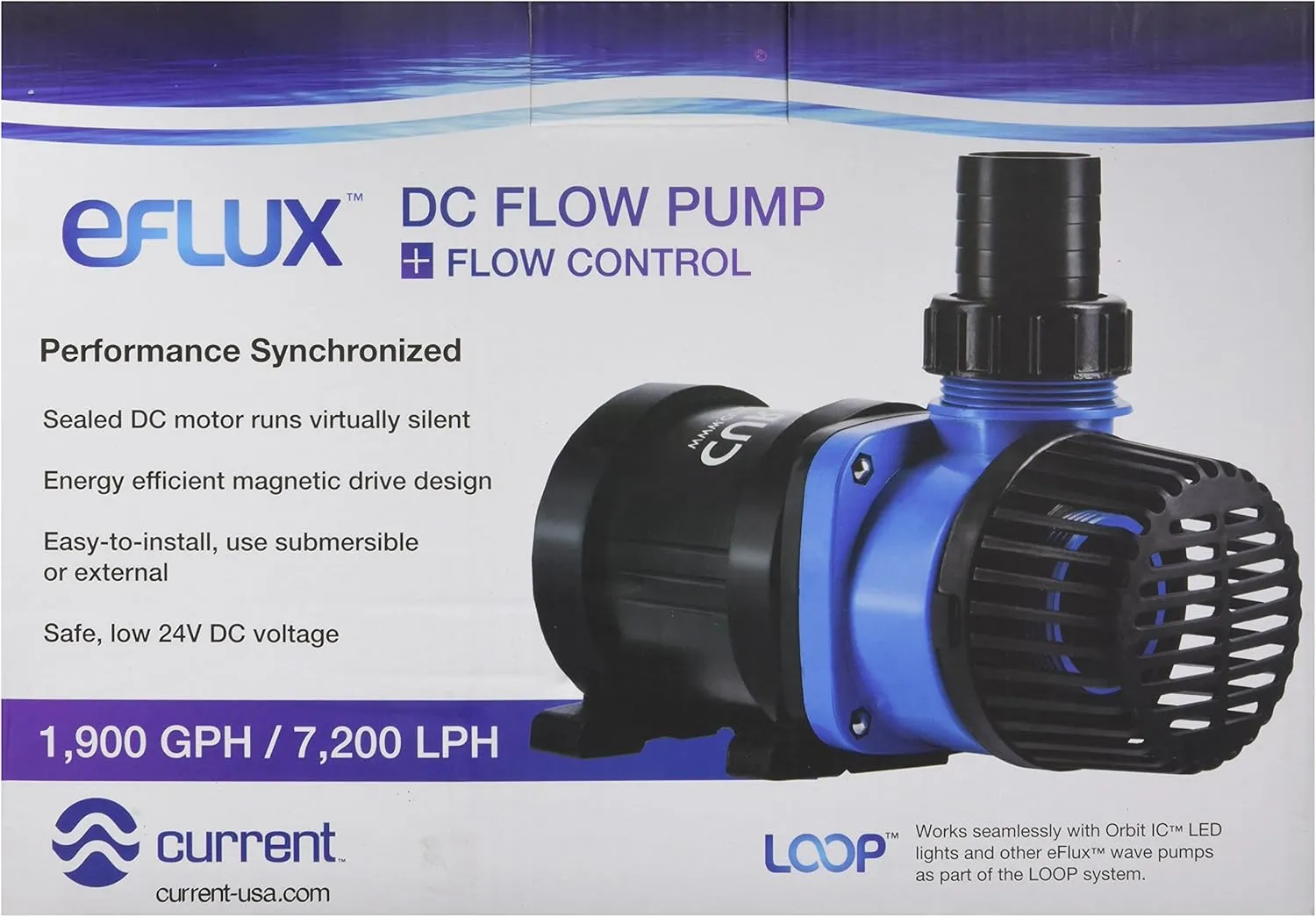CURRENT USA eFlux DC Flow Pump with Control 1900 GPH | Loop Controllable Aquarium DC Return 380-1900 GPH | Quiet, Submersible or External | Fish Tank, Sump, Pond, Freshwater and Saltwater Marine Use