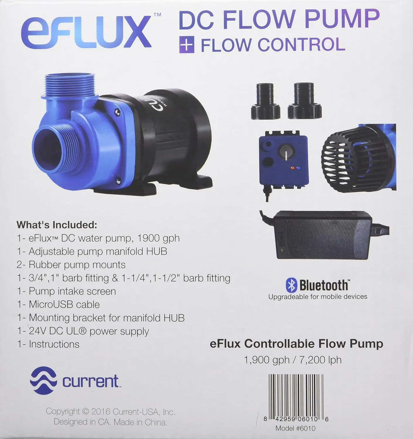 CURRENT USA eFlux DC Flow Pump with Control 1900 GPH | Loop Controllable Aquarium DC Return 380-1900 GPH | Quiet, Submersible or External | Fish Tank, Sump, Pond, Freshwater and Saltwater Marine Use