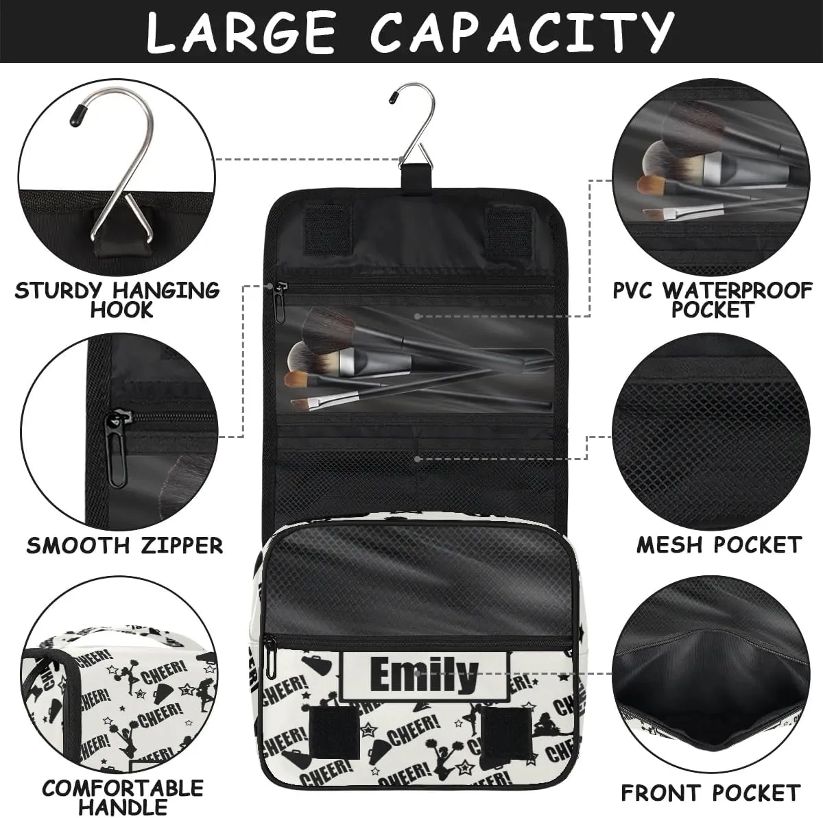 Custom Cheer Makeup Bag Cosmetic Cheerleading Case Personalized Cheer Toiletry Bags Cheerleader Gifts Travel Toiletry Bag with Hanging Hook, Black
