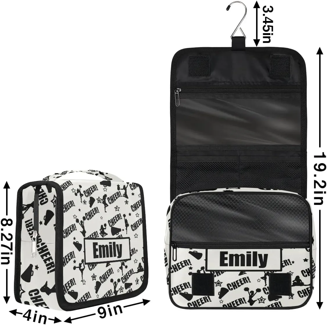 Custom Cheer Makeup Bag Cosmetic Cheerleading Case Personalized Cheer Toiletry Bags Cheerleader Gifts Travel Toiletry Bag with Hanging Hook, Black