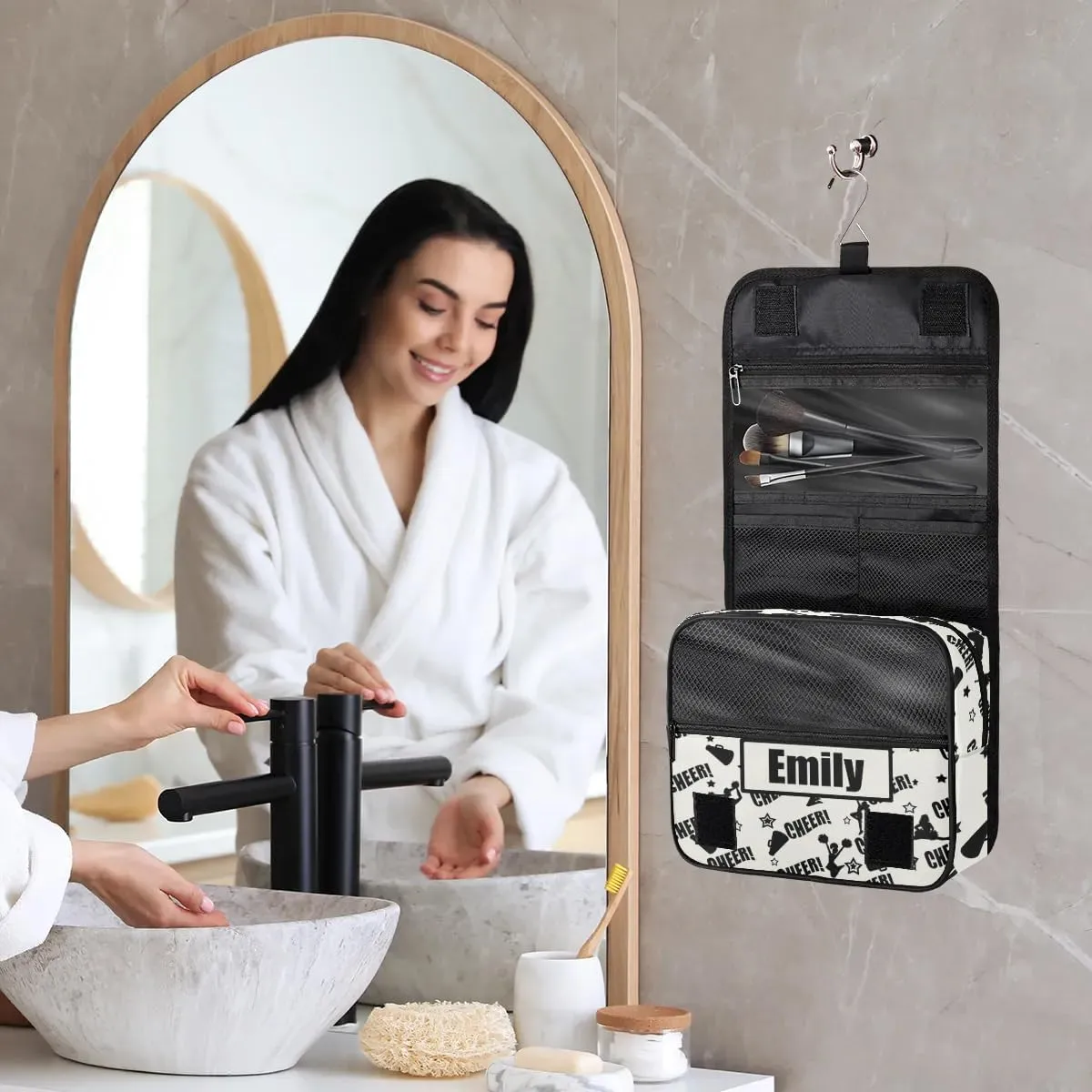 Custom Cheer Makeup Bag Cosmetic Cheerleading Case Personalized Cheer Toiletry Bags Cheerleader Gifts Travel Toiletry Bag with Hanging Hook, Black