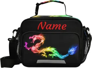Custom Fire Rainbow Dragon Lunch Bag, Personalized Your Text Name Lunch Box for Women Men, Insulated Cooler Bag Lunch Tote Bag with Shoulder Strap for School Office Picnic Travel