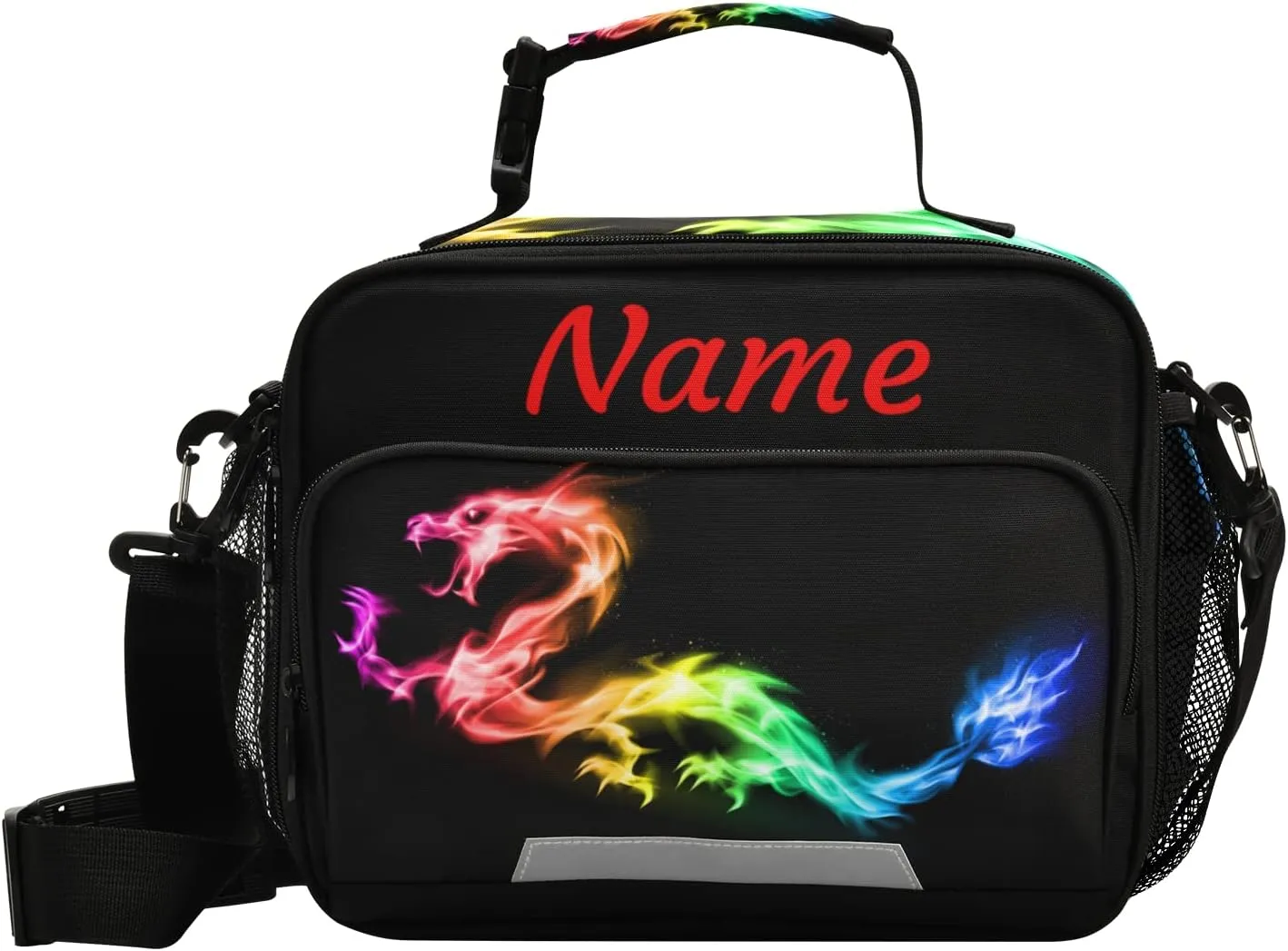 Custom Fire Rainbow Dragon Lunch Bag, Personalized Your Text Name Lunch Box for Women Men, Insulated Cooler Bag Lunch Tote Bag with Shoulder Strap for School Office Picnic Travel