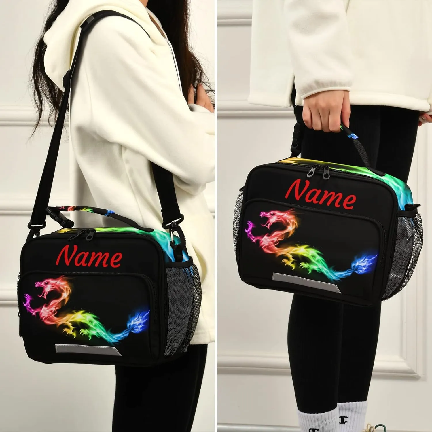 Custom Fire Rainbow Dragon Lunch Bag, Personalized Your Text Name Lunch Box for Women Men, Insulated Cooler Bag Lunch Tote Bag with Shoulder Strap for School Office Picnic Travel
