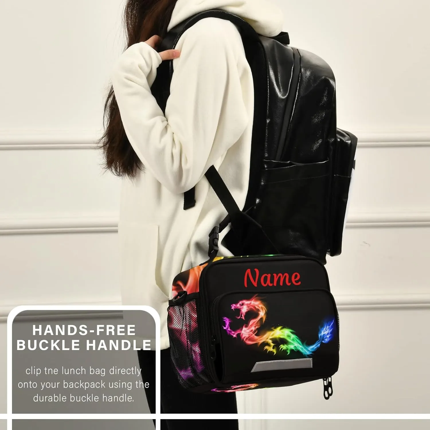 Custom Fire Rainbow Dragon Lunch Bag, Personalized Your Text Name Lunch Box for Women Men, Insulated Cooler Bag Lunch Tote Bag with Shoulder Strap for School Office Picnic Travel
