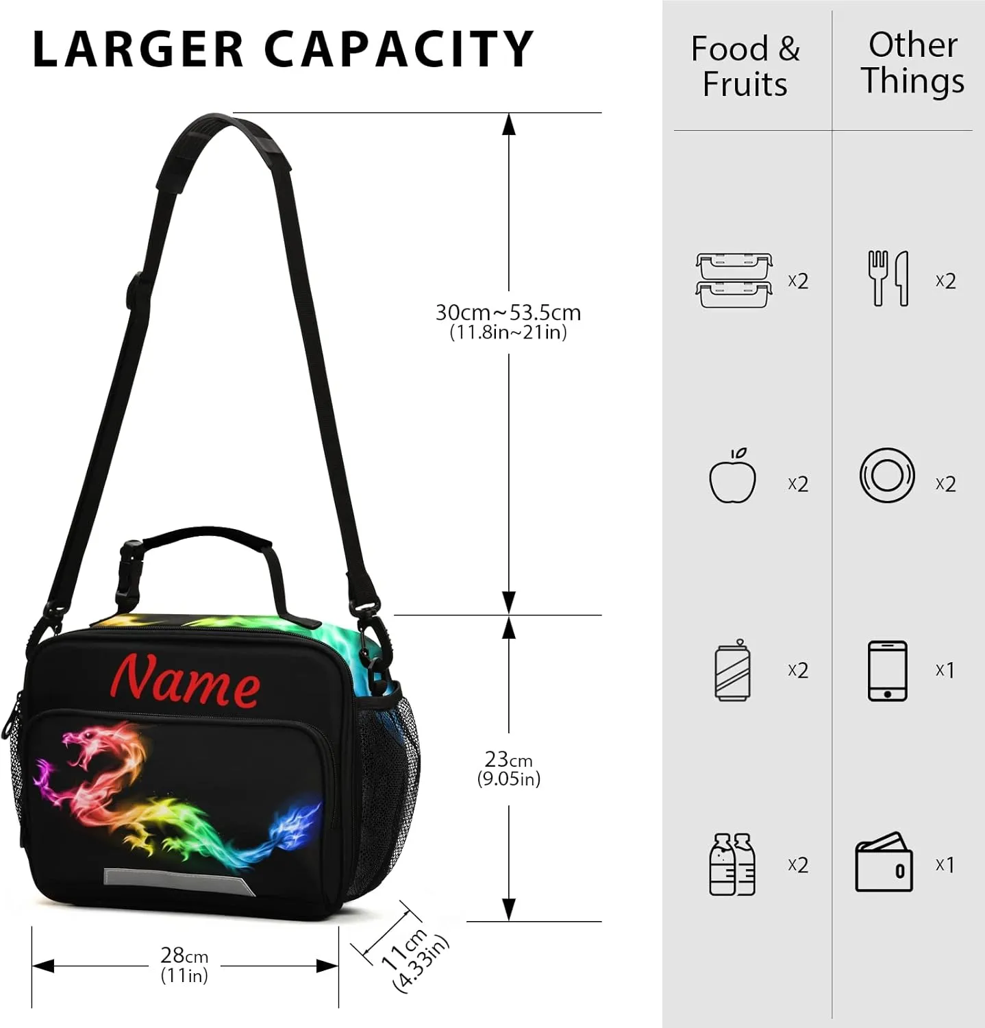 Custom Fire Rainbow Dragon Lunch Bag, Personalized Your Text Name Lunch Box for Women Men, Insulated Cooler Bag Lunch Tote Bag with Shoulder Strap for School Office Picnic Travel