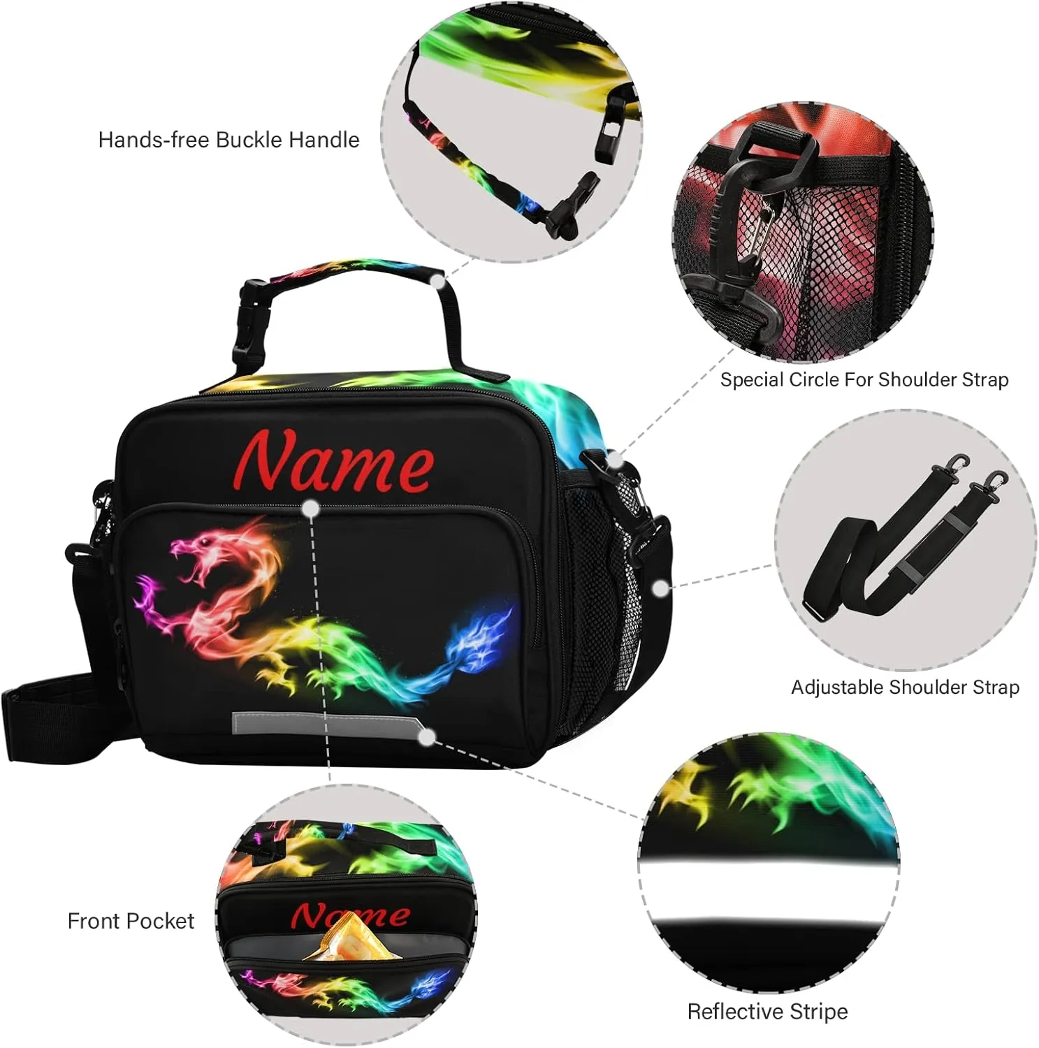 Custom Fire Rainbow Dragon Lunch Bag, Personalized Your Text Name Lunch Box for Women Men, Insulated Cooler Bag Lunch Tote Bag with Shoulder Strap for School Office Picnic Travel