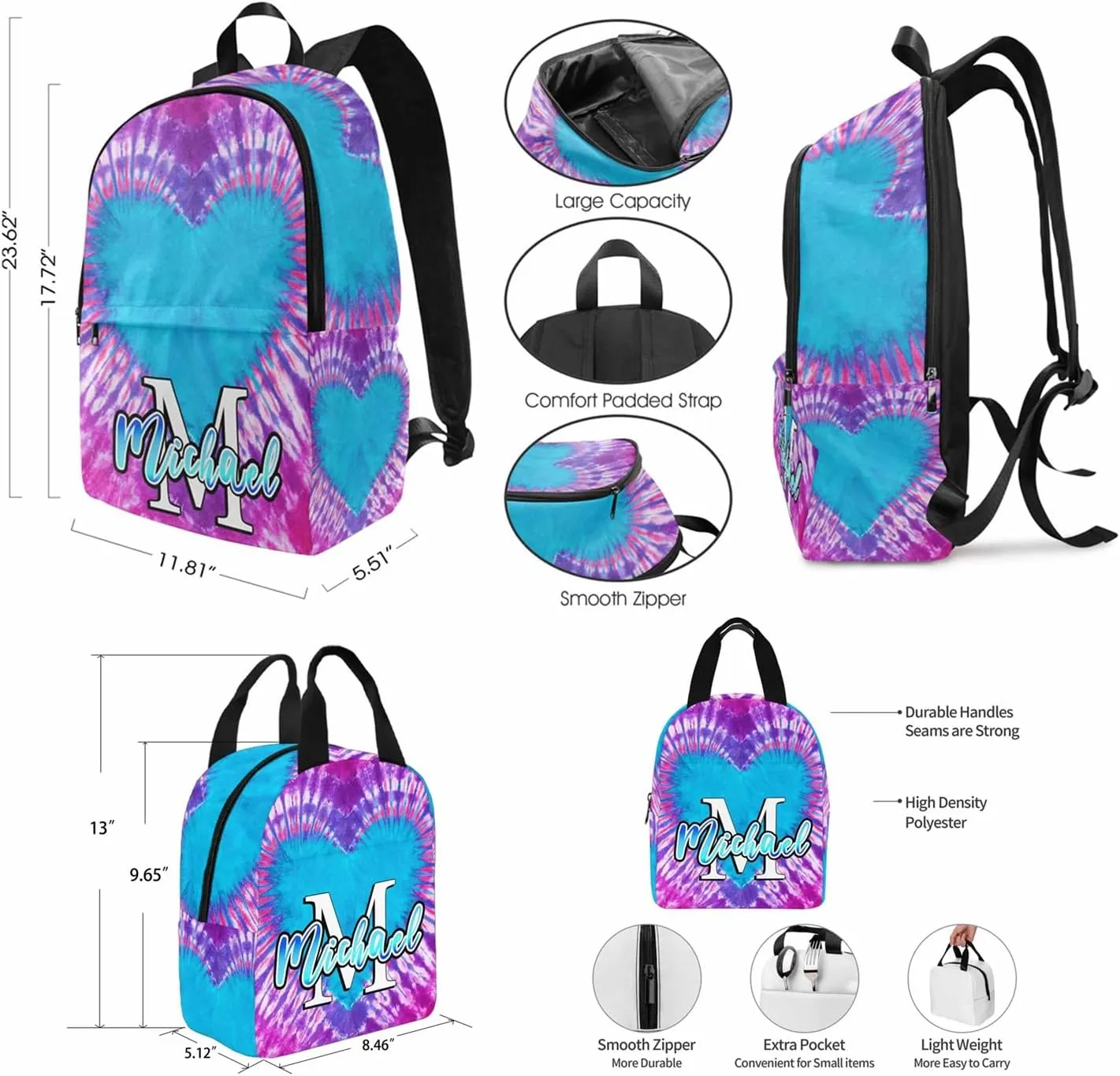 Custom Girls Backpack for Daughter, Custom Monogram Glitter School Bag with Lunch Bag Personalized Casual Daypacks Laptop Backpack Bookbag for Kids Boys Girls Teenage Back School