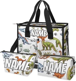 Custom Jungle Dinosaurs Travel Duffle Bags for Women Weekender Overnight Cartoon Colorful Carry on Tote for Airplanes Business Hospital Gym with Toiletry Bag 3Pcs Set