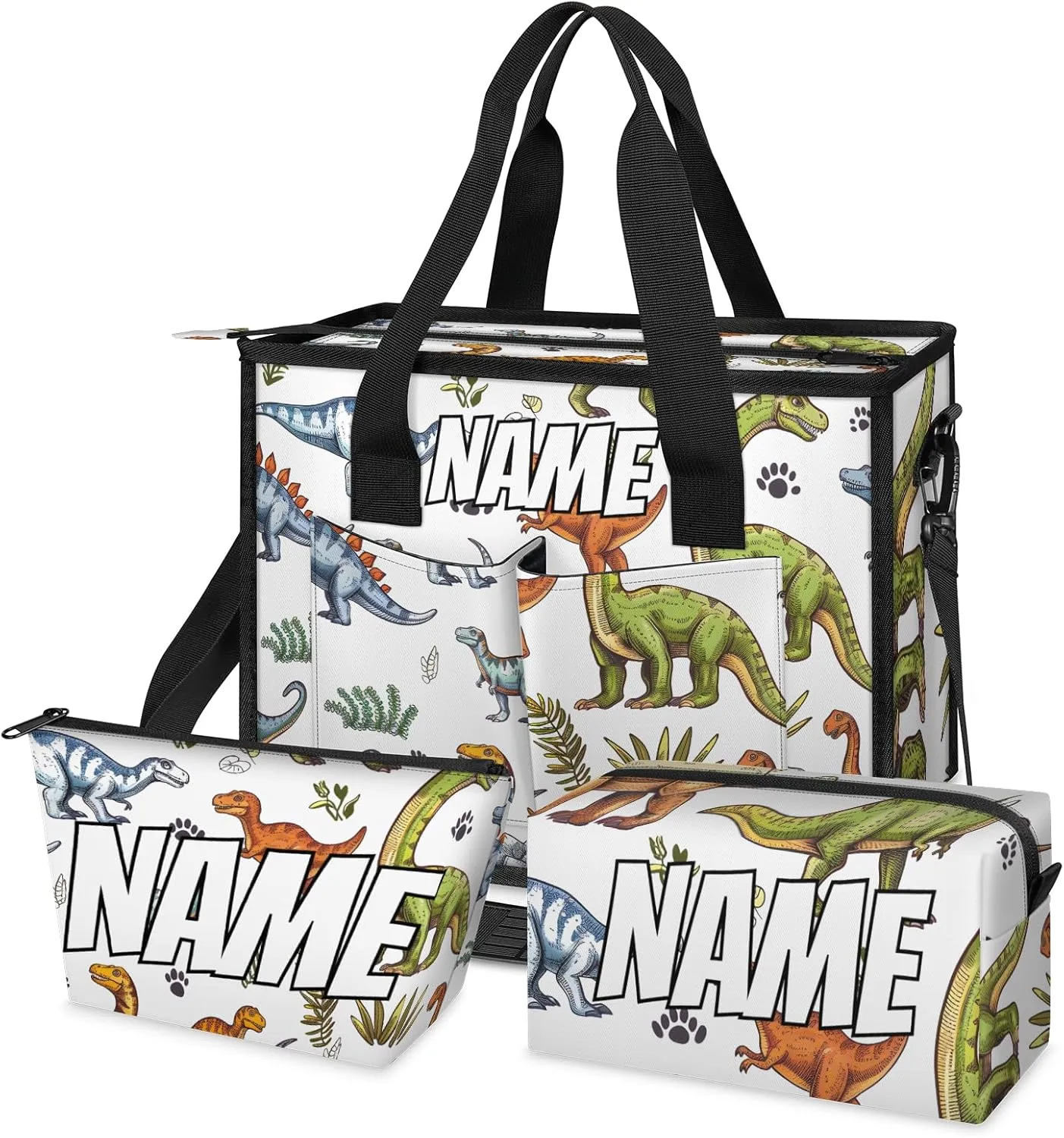 Custom Jungle Dinosaurs Travel Duffle Bags for Women Weekender Overnight Cartoon Colorful Carry on Tote for Airplanes Business Hospital Gym with Toiletry Bag 3Pcs Set