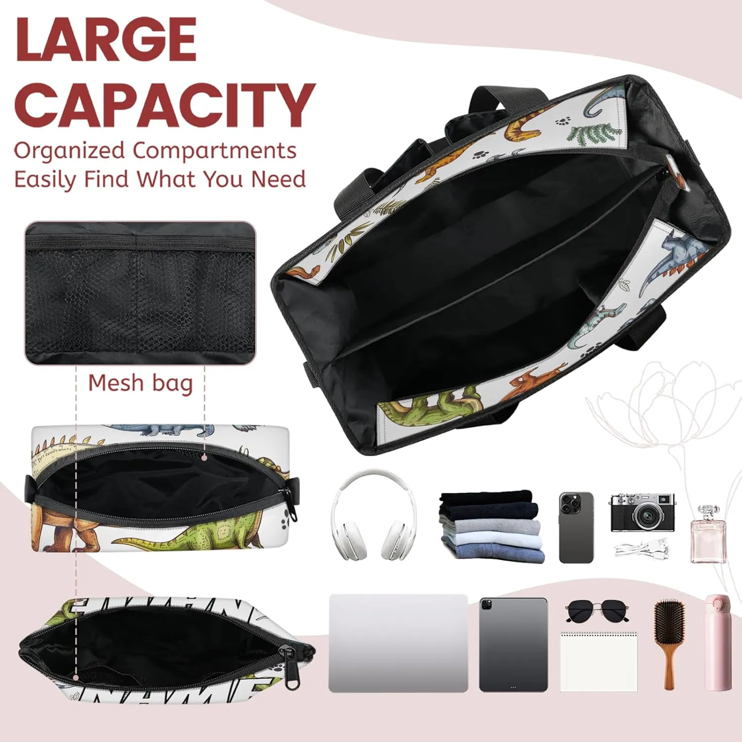 Custom Jungle Dinosaurs Travel Duffle Bags for Women Weekender Overnight Cartoon Colorful Carry on Tote for Airplanes Business Hospital Gym with Toiletry Bag 3Pcs Set