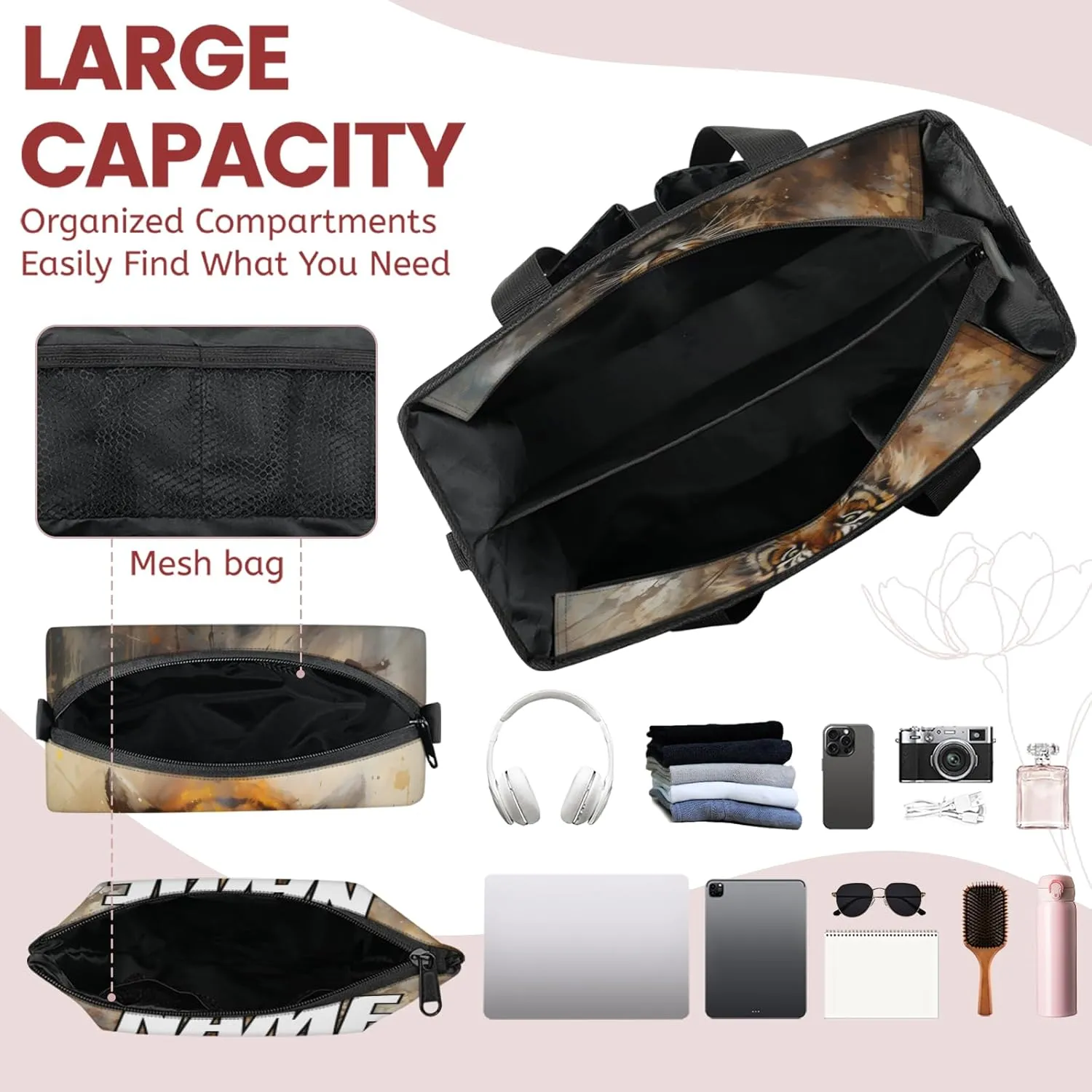 Custom Wild Tiger Travel Duffle Bags for Women Weekender Overnight Jungle Animal Carry on Tote for Airplanes Business Hospital Gym with Toiletry Bag 3Pcs Set