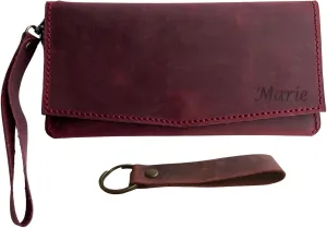 Custom Women Wallet, Genuine Crazy Horse Leather 100% Hand Sewing Purse with Wrist Strap and Keychain, Multi Card Holder Cell Phone Pocket with Gift Box (Burgundy)