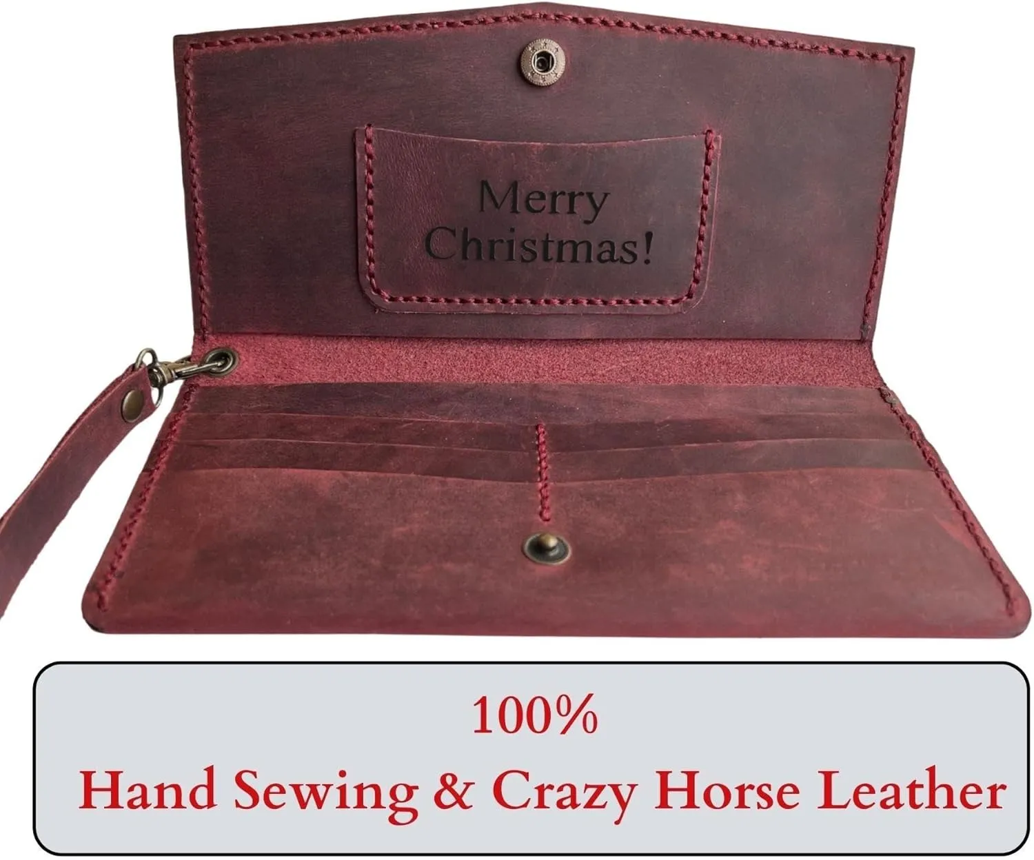 Custom Women Wallet, Genuine Crazy Horse Leather 100% Hand Sewing Purse with Wrist Strap and Keychain, Multi Card Holder Cell Phone Pocket with Gift Box (Burgundy)