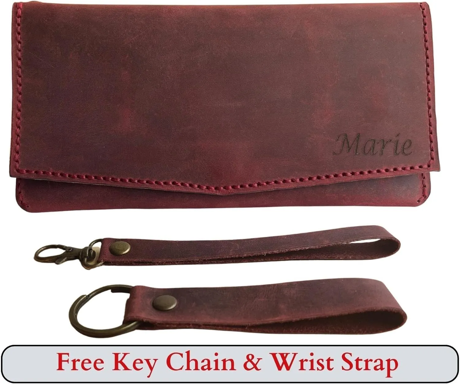 Custom Women Wallet, Genuine Crazy Horse Leather 100% Hand Sewing Purse with Wrist Strap and Keychain, Multi Card Holder Cell Phone Pocket with Gift Box (Burgundy)