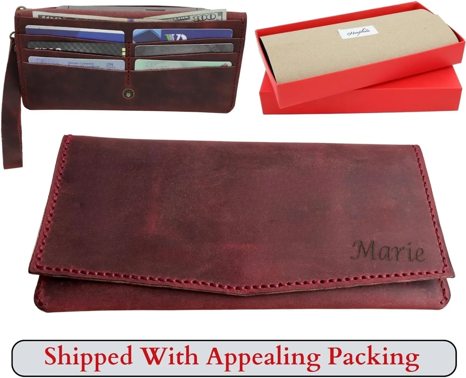 Custom Women Wallet, Genuine Crazy Horse Leather 100% Hand Sewing Purse with Wrist Strap and Keychain, Multi Card Holder Cell Phone Pocket with Gift Box (Burgundy)