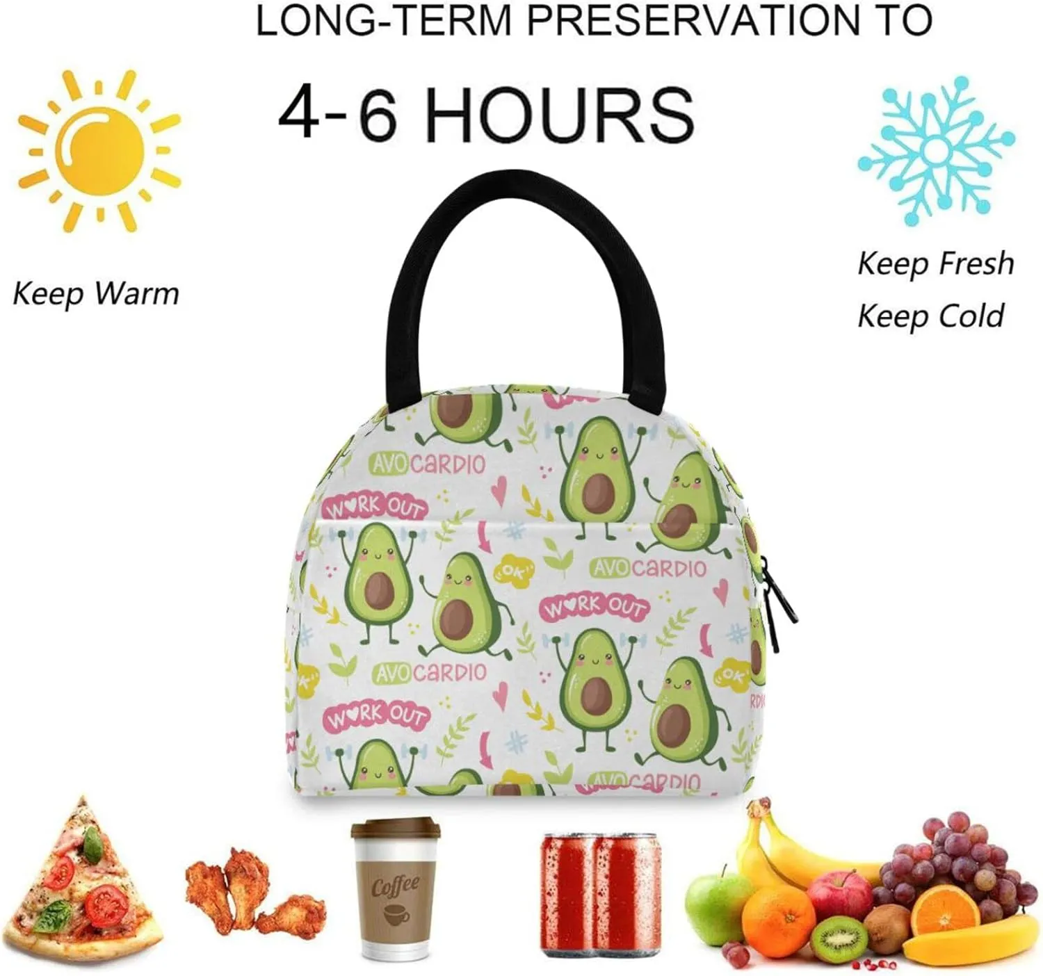 Cute Avocado Leaves Floral Reusable Lunch Hand Bag with Front Pocket Insulated Thermal Zipper Closure Cooler Container Bag for School Work Picnic Travel Fishing Beach